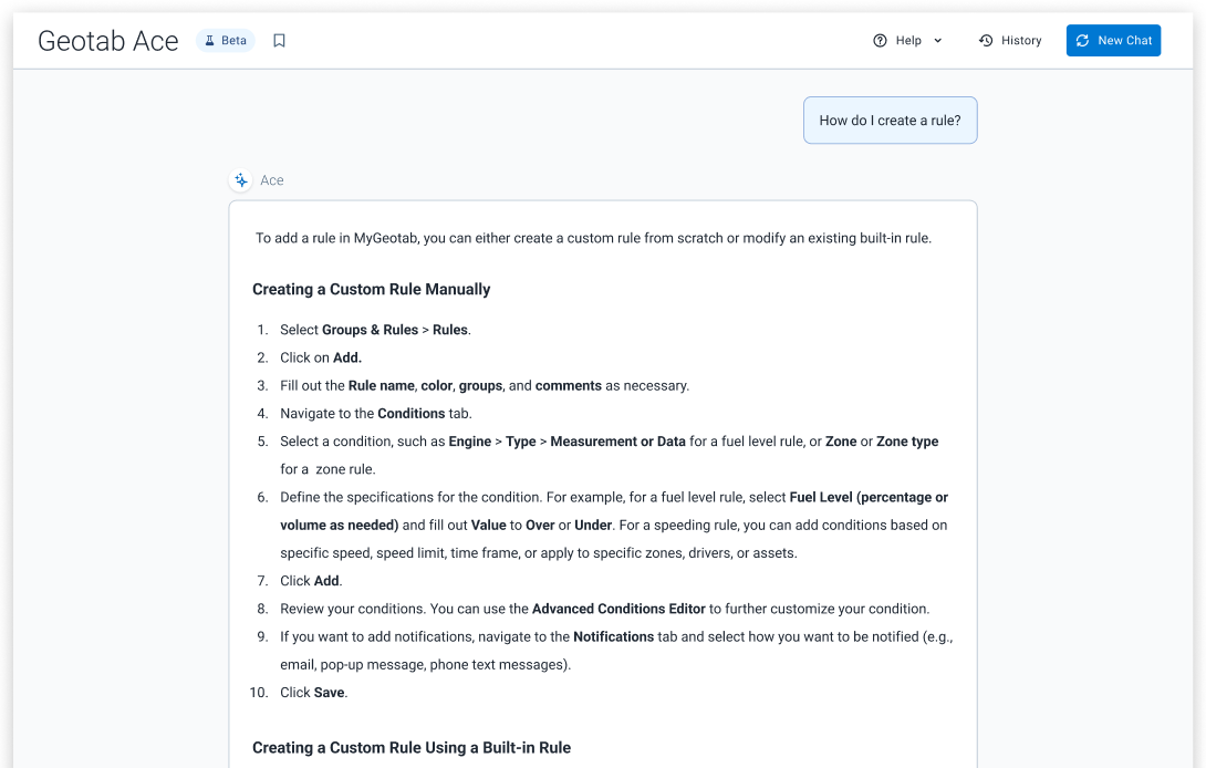 A screenshot of the Geotab Ace AI assistant interface. The AI is providing a detailed, step-by-step answer to the user's question, "How do I create a rule?". The response includes a numbered list of instructions for creating a custom rule manually in MyGeotab.